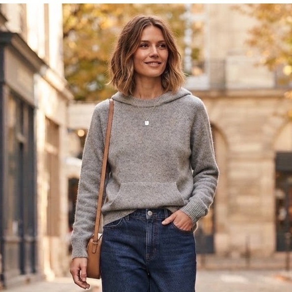Aritzia TNA Womens Wool Blend Knit Hoodie Heather Grey Raglan Sleeve Small